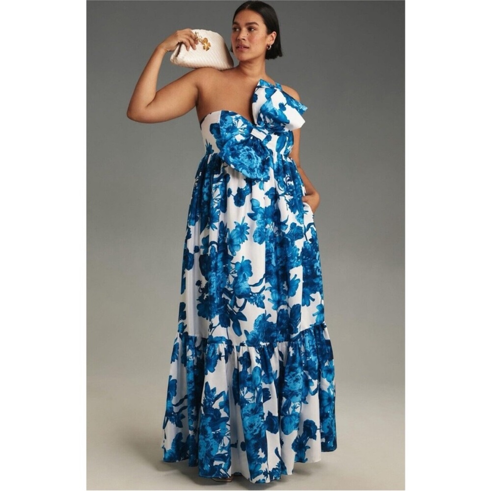 Anthropologie White and Blue One Shoulder Tiered Gown